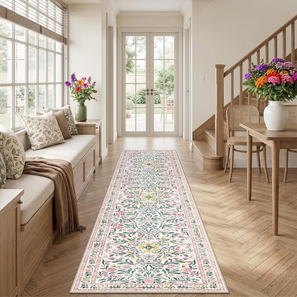 PLHXFR 2x5 Washable Runner Rug：Floral Indoor Kitchen Carpet Pink Green | - Image 3