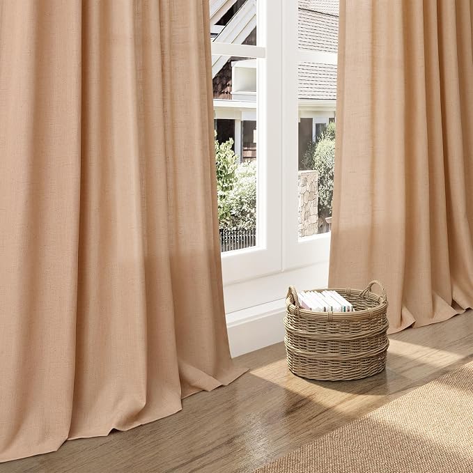 Camel Linen Semi Sheer Curtains 72 Inches Long 2 Panels Set - Image 6
