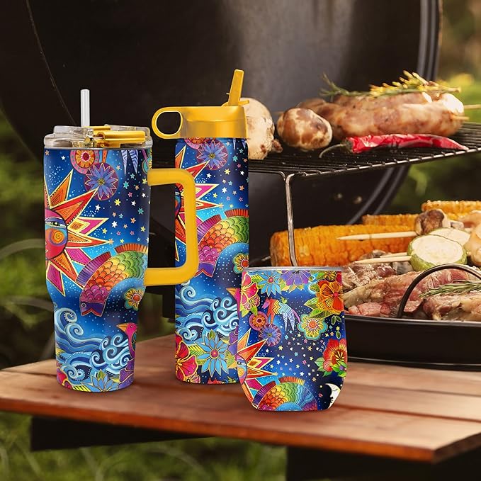 RainCaper 18/8 Stainless Steel Insulated Water Tumbler with Straw | 30oz, BPA-Free, Double Wall for Hot & Cold | Travel-Friendly, Cup Holder Ready (Laurel Burch Celestial Magic)
