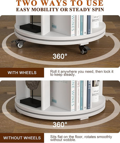 4-Tier Solid Wood Rotating Bookshelf on Wheels, 360° Spinning Book Shelf Tower - Image 5