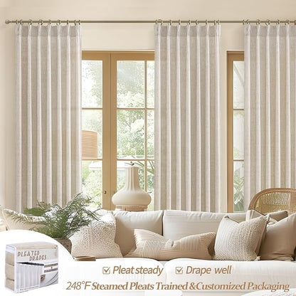 Pleated Natural Linen 95 Inch Curtains 2 Panel Set - Image 4