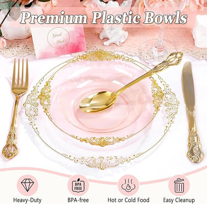 100PCS Clear Pink Plastic Bowls - 12 oz Pink Gold Disposable Salad Bowls - Heavy Duty Disposable Soup Bowl - Fancy Plastic Ice Cream Bowl for Weddings Parties Dinners Picnics