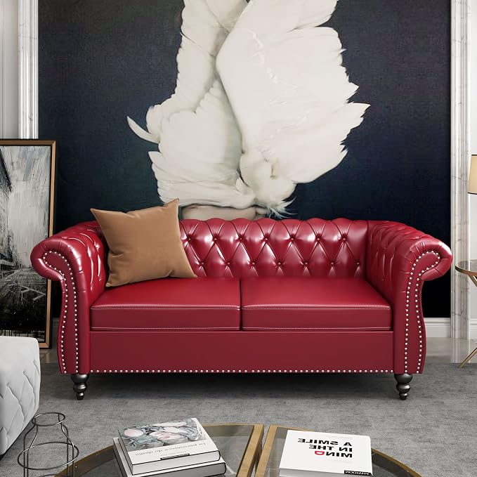 ORRD 3 Pieces Living Room Set, Chesterfield Sofa Faux Leather Loveseat Couch - Image 5