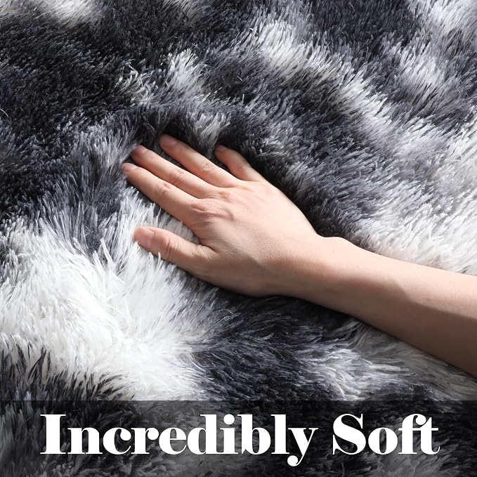 Black and White Area Rugs for Living Room, 5x8 Fluffy Bedroom Rug, Soft Plush - Image 2