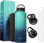 BUZIO 40 oz Water Bottle Insulated with Straw & 3 lid and Carrying Pouch, Leak Proof Anti-Slip Stainless Steel Water Flask Jug, Cold for 48 Hrs Double Vacuum Thermo Canteen, BPA-Free, Starry Pacific