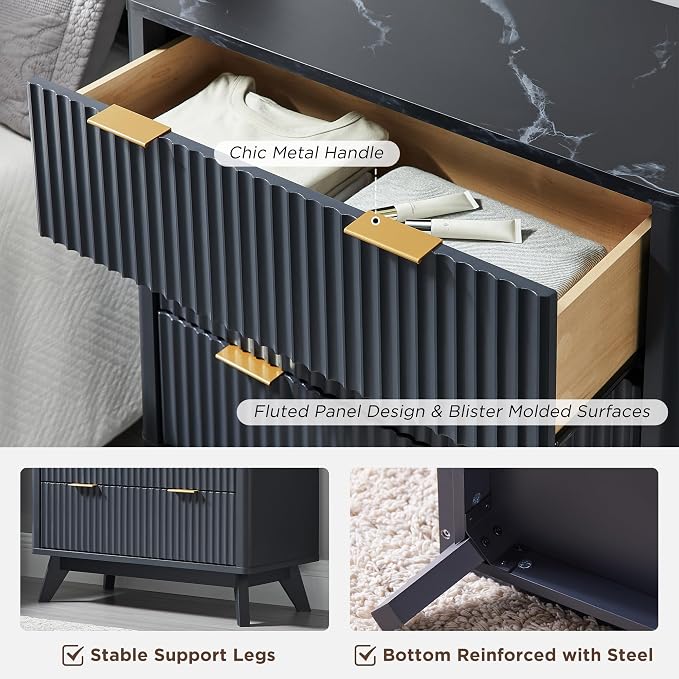 T4TREAM Fluted 3 Drawers Nightstand Set of 2, Oversized Extra Large Modern Side - Image 5