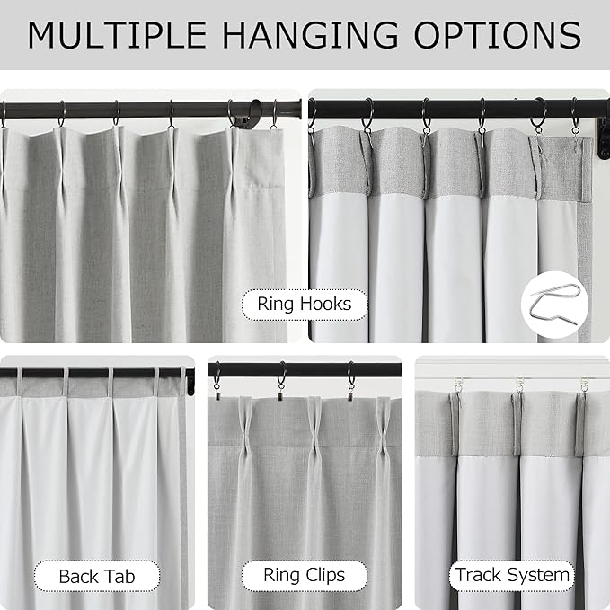Vision Home Light Grey Pinch Pleated Full Blackout Curtains Linen Blended Room - Image 3