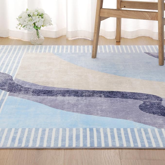 Ompaa Living Room Rug 5x8 Blue Area Rug Machine Washable Rug Non Slip Indoor - Image 2