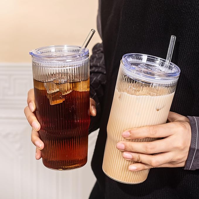 24oz Glass Tumblers with Lids and Straws 2PCS Ribbed Ice Coffee Glass Cups, Clear Thick Wall Water Iced Coffee Tumbler with Straw and Lid for Cold Beverages