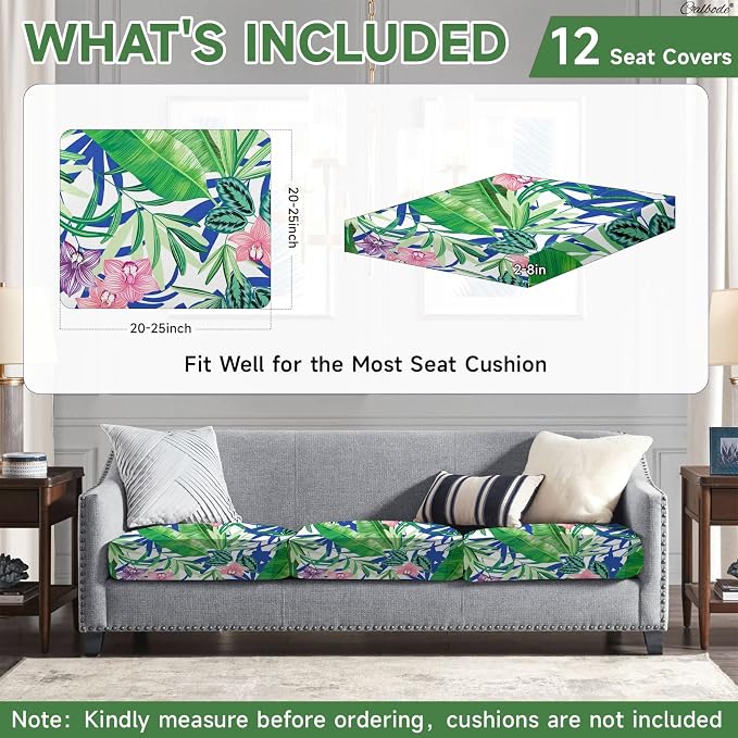 CALBODE 12 Pcs Outdoor Seat Cushion Covers, Tropical Plant | Stretch Chair Seat - Image 2