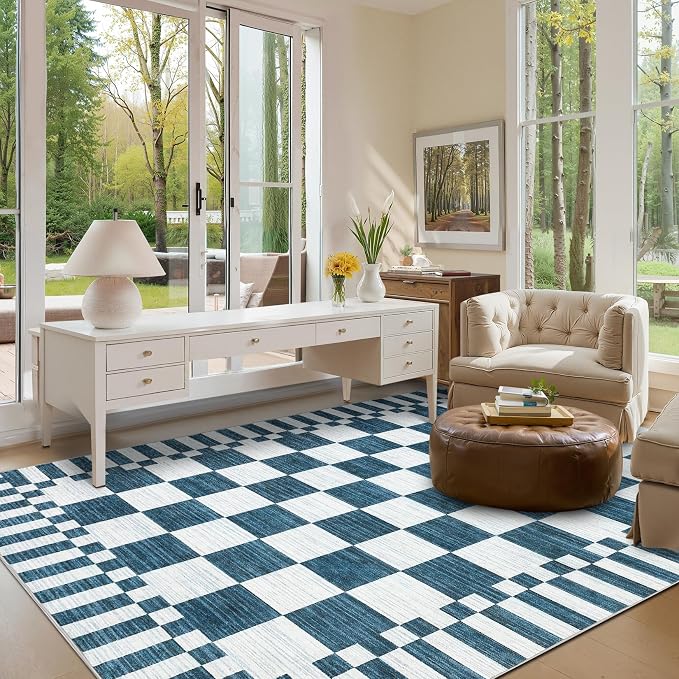 GarveeHome Blue and White Checkered Rug 5x7 Area Rugs Washable 5x7 Rug | - Image 4