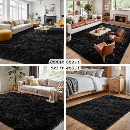 5x7 Fluffy Shag Area Rugs for Living Room Bedroom: Soft Plush Carpet Black | - Image 7