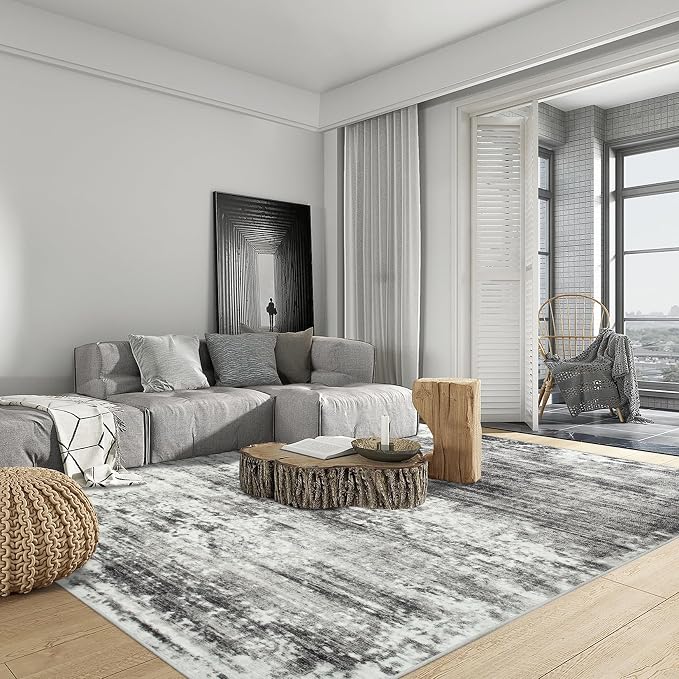 10x14 Area Rugs for Living Room: Washable Abstract Black Grey Carpet | Non-slip - Image 5