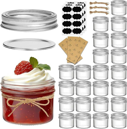ComSaf Small Regular Mouth Mason Jars 4 oz, 24 Pcs Mini Mason Containers, Small Canning Jars, 4 oz Glass Jar with Lids for Mustards, Dipping Sauces, Jelly, DIY Candle Decor, Wedding Shower Favors