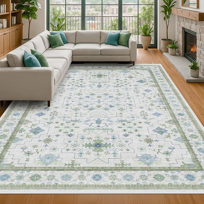 Cream Green Large 8x12 Area Rug by HazoHaus