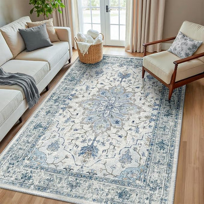 RELEANY Washable Area Rug, Water Repellent, Pet Friendly, Vintage Floral Boho by RELEANY