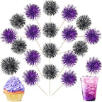 40 PCS Foil Firework Cupcake Toppers Sparkle Tinsel Cupcake Picks Fireworks Birthday Party Decorations Cocktail Fruit Toothpick for Birthday Wedding Graduation Party Decorations Supplies Black Purple
