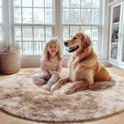 Round Rugs 6ft for Living Room Bedroom, Tie-Dye Beige Fluffy Circle Area Rug - Image 7