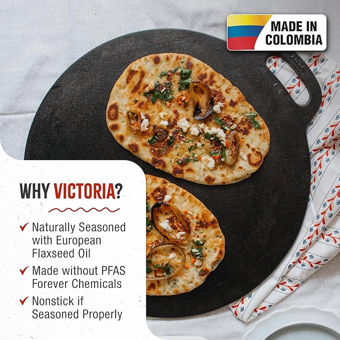 Victoria 15-Inch Cast Iron Tawa Dosa Pan, Pizza Pan with a Loop Handle, Crepe Tawa Preseasoned with Flaxseed Oil, Made in Colombia
