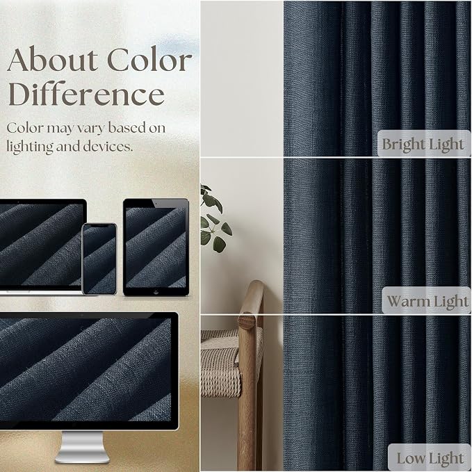 Navy Blue Linen Pinch Pleated Curtains 108 Inches Long 2 Panels | Light - Image 4