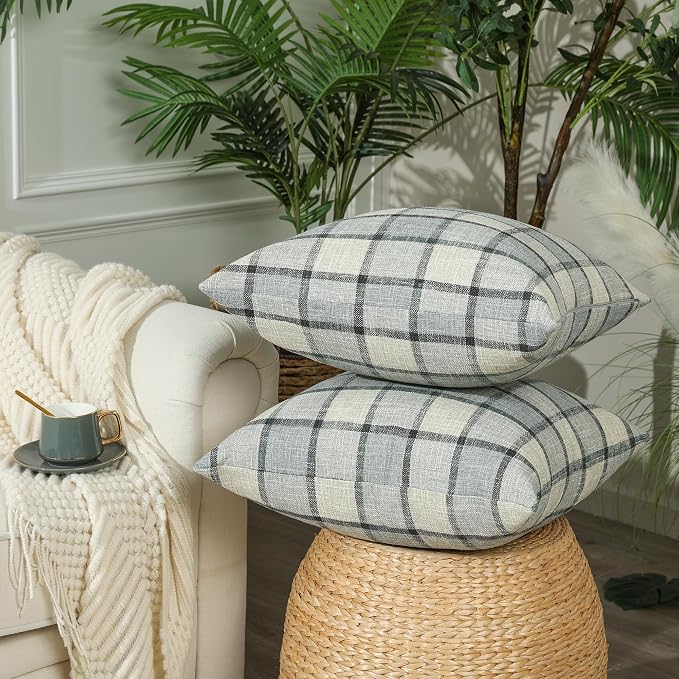 Stellhome Pack of 2 Linen Buffalo Check Decorative Throw Pillow Covers - Image 2