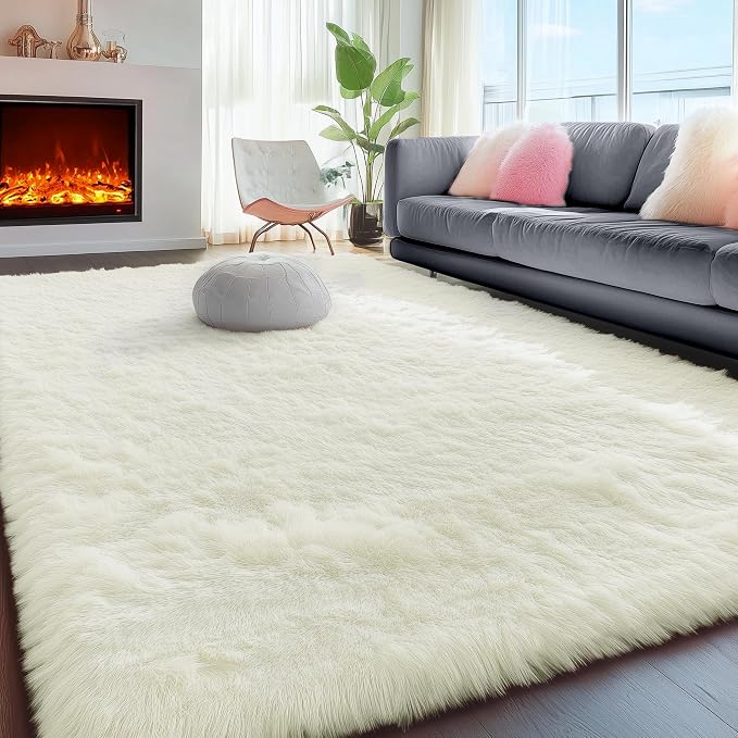 Fluffy Shag Area Rugs for Bedroom Living Room, Cream White Super Soft Fuzzy by PAGISOFE