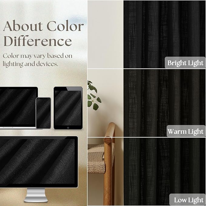Black Pinch Pleated Linen Semi Sheer 108 Inch Curtains 2 Panels | Light - Image 4