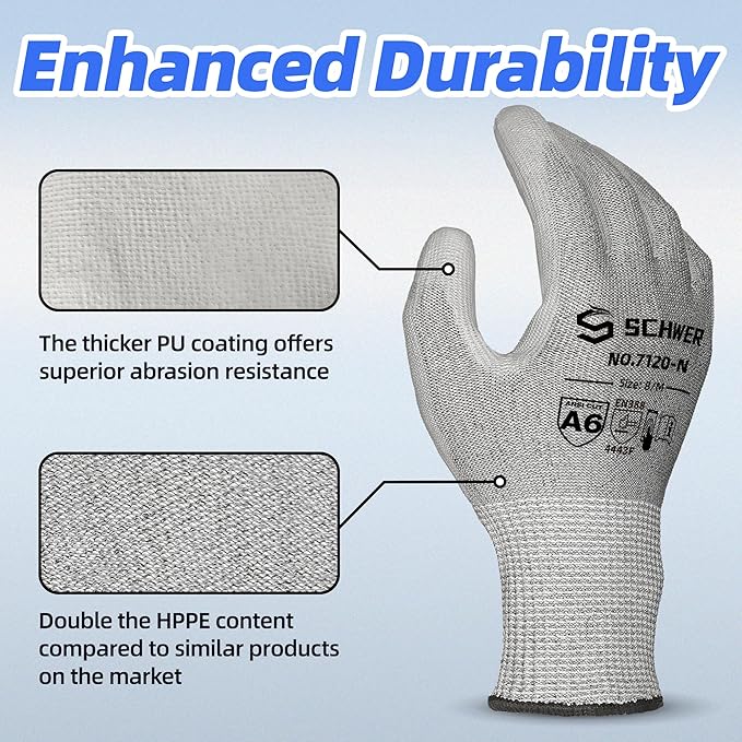 Schwer 180 Pairs ANSI A6 Cut Resistant Gloves CR7120 Cut Proof Work Gloves, Touchscreen, for Men and Women Used for Woodworking, Glass Cutting, Construction, Cargo Handling, Car Repair, L