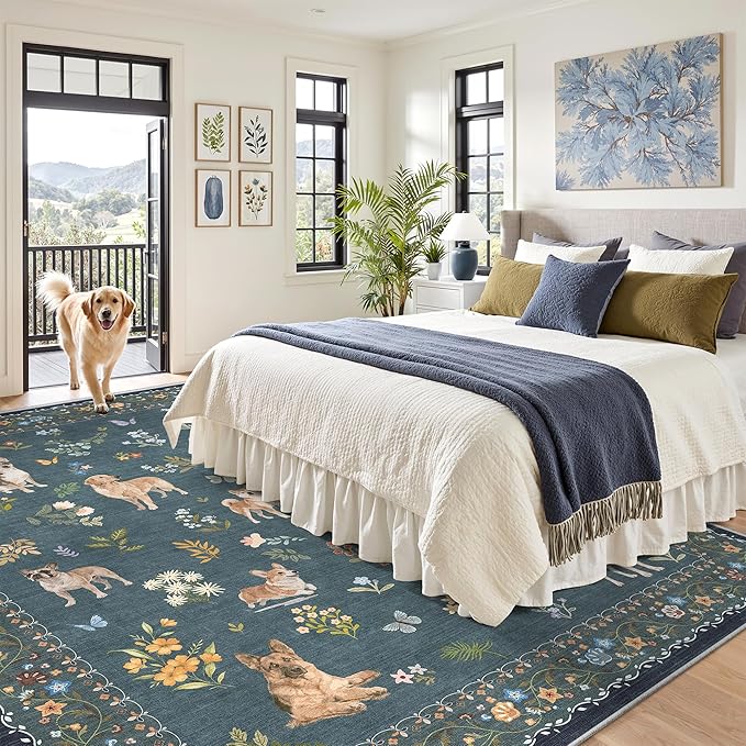 Soalmost Dog 9x12 Area Rugs for Living Room, Washable Soft Rug Navy Blue | - Image 3