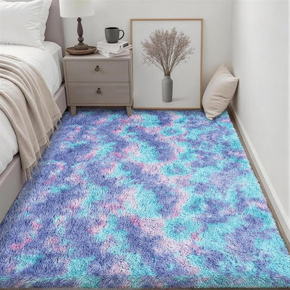 Area Rug Living Room Bedroom: 5x7 Fluffy Plush Shag Carpet Rainbow | - Image 3