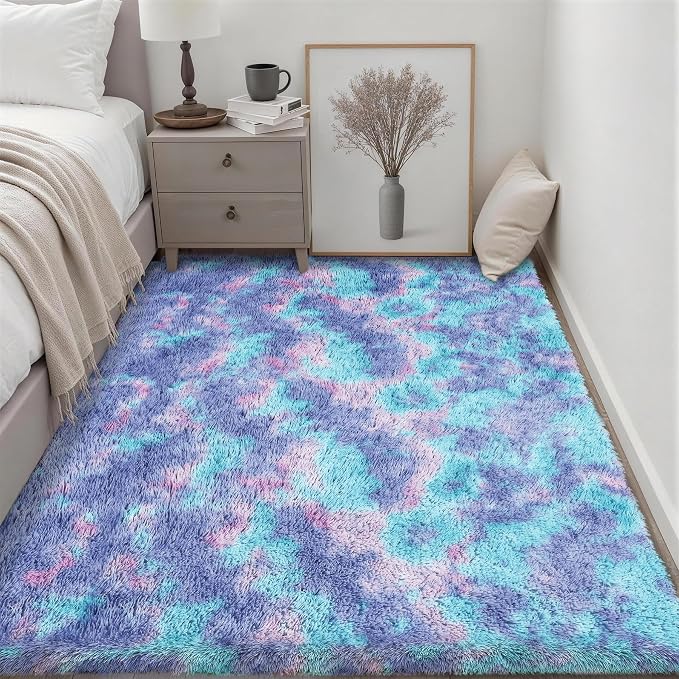Area Rug Living Room Bedroom: 6x9 Fluffy Plush Shag Carpet Rainbow | - Image 3