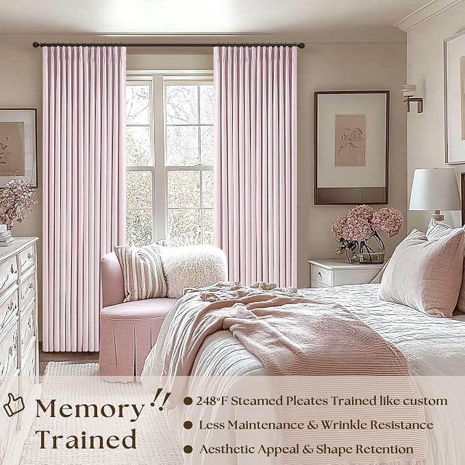 Light Pink 100% Black Out Pinch Pleat Linen 108 Inch Curtains | Black Out - Image 2