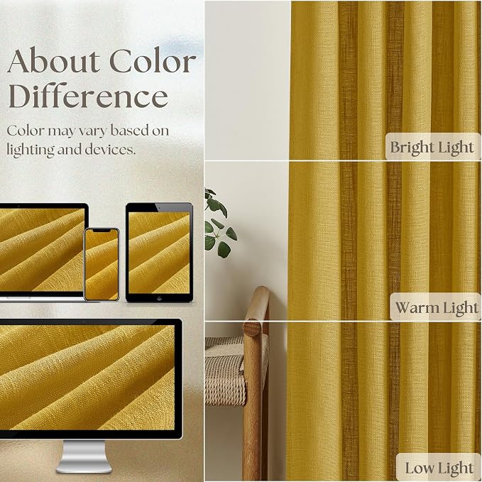 Mustard Yellow 80 Inch Pinch Pleated Linen Light Filtering Curtains 2 Panels - Image 4