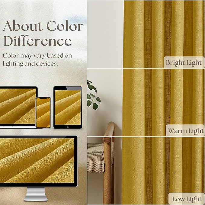 Mustard Yellow Pleated Semi Sheer Linen Curtains 108 Inches Long 2 Panel | - Image 4