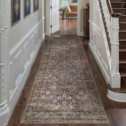 3x8 Brown Blue Vintage Floral Washable Runner Rug - Image 3