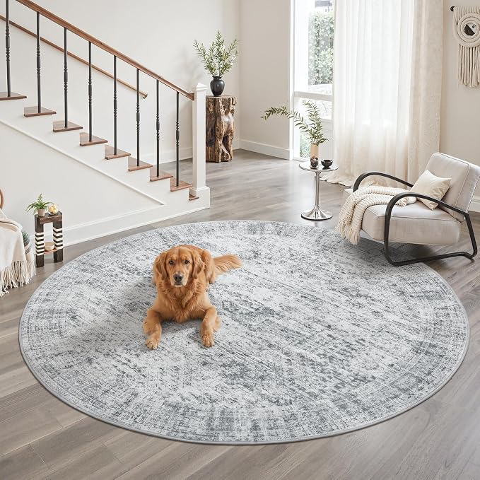 Soalmost Round Rugs 9ft Living Room Circle Area Rug 9x9 Grey Vintage | Washable - Image 9