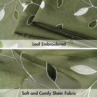 MIULEE Olive Green Sheer Curtains 2 Panels Leaf Patterned, W52 x L63 | - Image 4