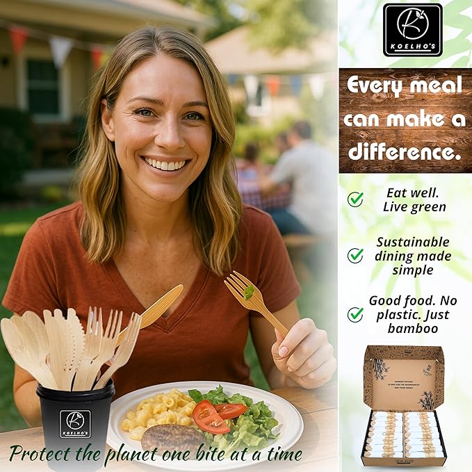 KOELHO'S Pre-Rolled Bamboo Cutlery Set 48-Pack 192 PCS | Bamboo Disposable Utensils 100% Biodegradable and Eco-Friendly | Wood Cutlery Set for Parties, Weddings, and Events