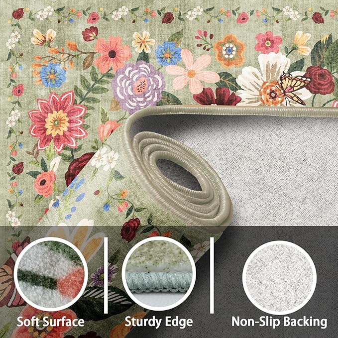Floral Area Rug 4x6 for Bedroom Dining Room | Boho Style; Low Pile; Non - Image 4