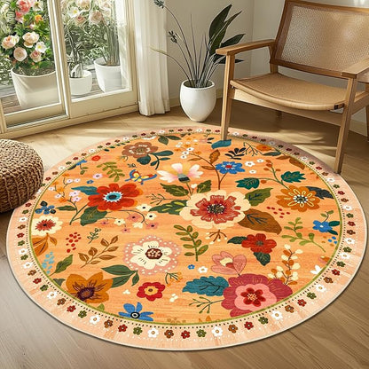 RELEANY Floral Washable Round 6ft Area Rug Yellow/Orange/Red | Flower Carpet - Image 9