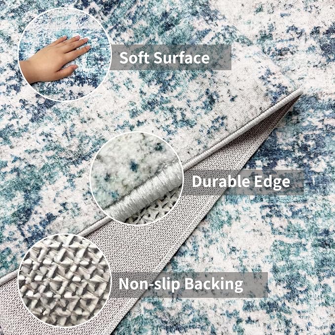 Machine Washable Runner Rugs 2x8 Modern Abstract Rug Ocean Mist | Stain & Spill - Image 2