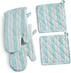 Oven Mitts & Potholder Set - Durable Heat Resistant Gloves - Thick Mittens for Kitchen - Suitable for Cooking, Baking, Grilling – BBQ - 2 Oven Mitts & 2 Potholders – Light Blue Stripes - Casa De Lan