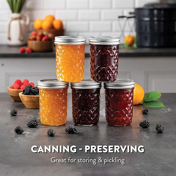 Paksh Novelty Mason Jars 16 oz - 6-Pack Quilted Wide Mouth Glass Jars with Lid & Seal Bands - Airtight Container for Pickling, Canning, Candles, Home Decor, Overnight Oats, Fruit Preserves