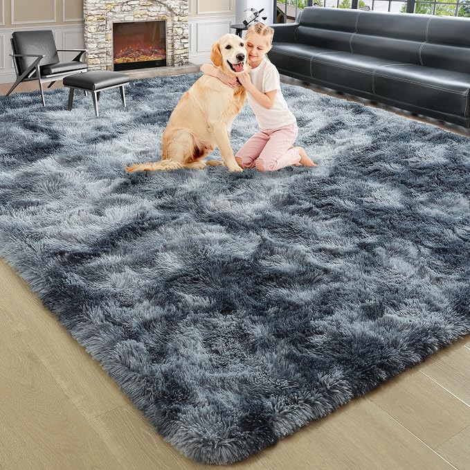 6x9 Large Tie-Dyed Blue and Grey Fluffy Area Rug Non-Slip - Image 9