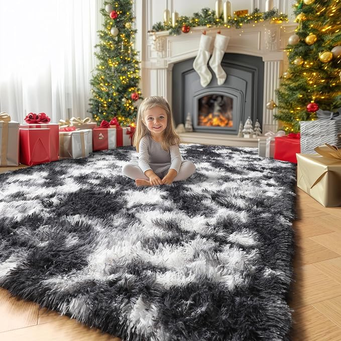 Amdrebio Black White Grey Shag Area Rug 5x7 - Image 8