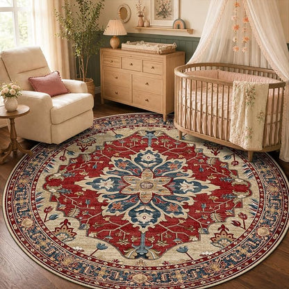 RELEANY Washable Area Rug, Round 5ft, Water Repellent, Pet Friendly, Vintage by RELEANY