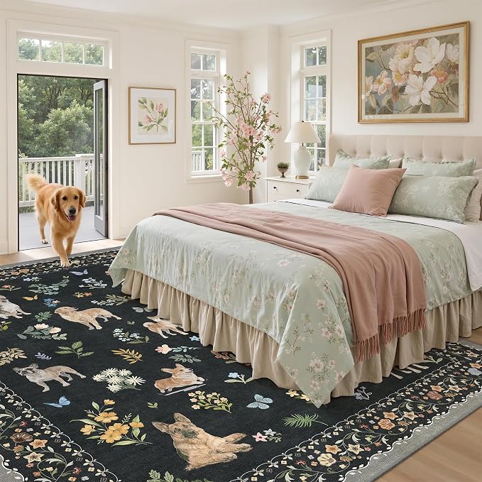 Soalmost Dog 9x12 Area Rugs for Living Room, Washable Animal Soft Rug Black | - Image 3