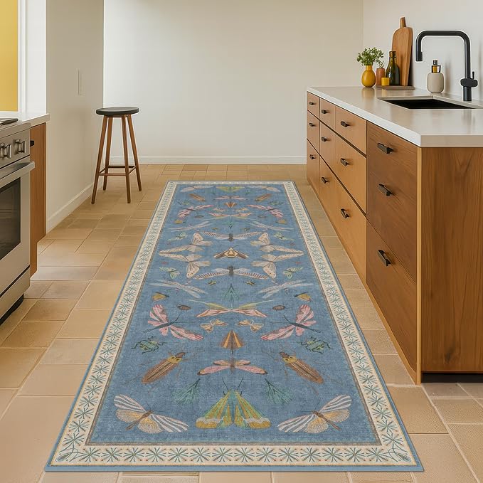 Vintage Blue Insect Hallway Runner Rug 3x8 Long, Non Slip Washable Carpet - Image 3