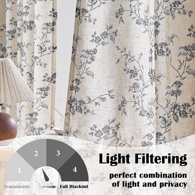 Extra Long Black Vintage Floral Linen Curtains Farmhouse 2 Panels | Elisa Series - Image 2