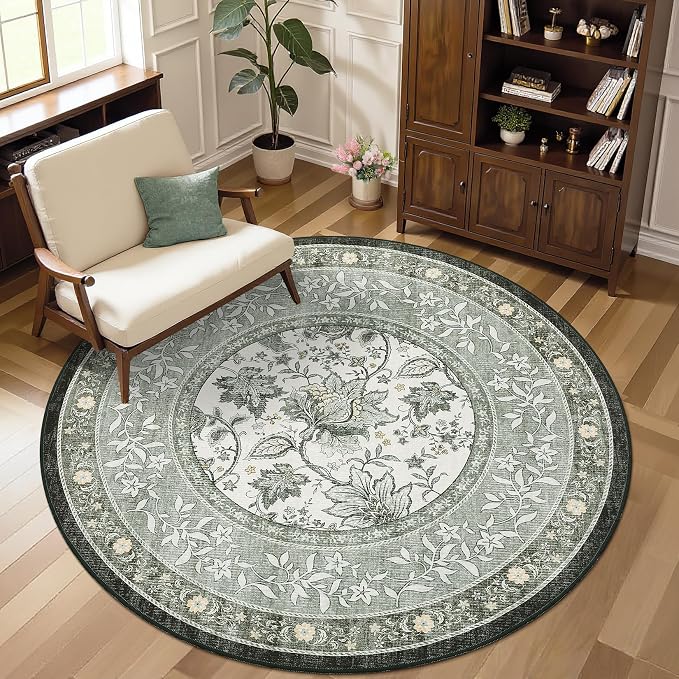 GarveeHome Provence Fog Gray Botanical Grove 5ft Round Rug, Small Circle by GarveeHome